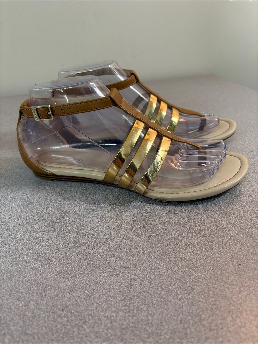 Calvin Klein Tan Sandals with Gold Metallic Straps